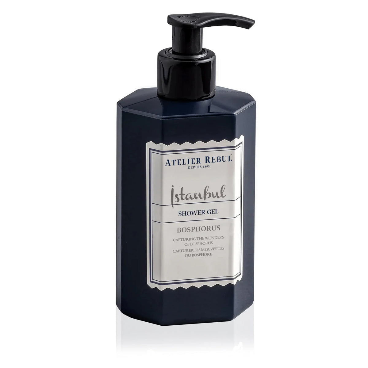 Atelier Rebul Istanbul Bosphorus Duschgel 400 ml in dunkelblauer Flasche mit schwarzem Pumpspender vor weißem Hintergrund.