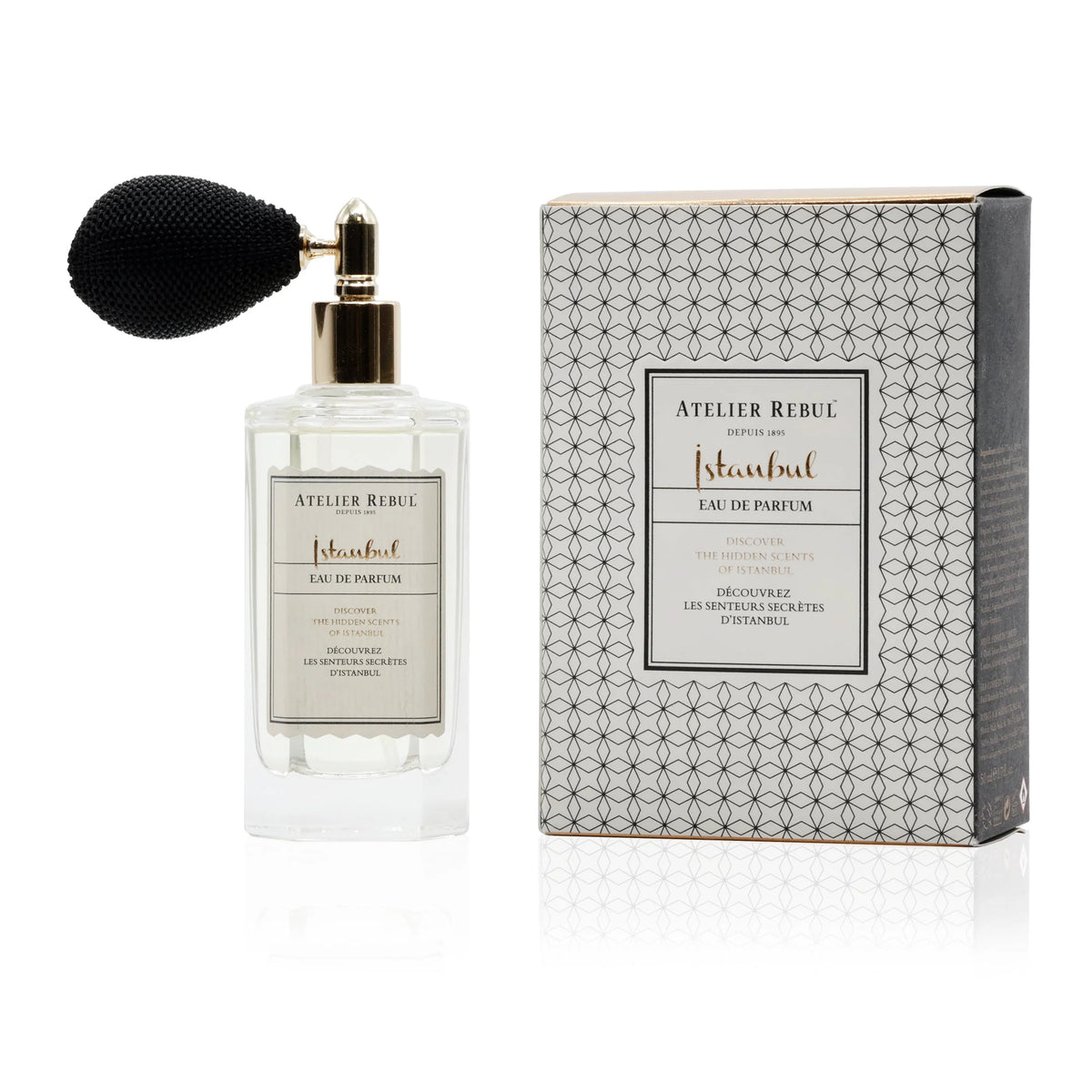 Atelier Rebul Istanbul Eau de Parfum 50 ml mit schwarzem Ballonzerstäuber neben der Verpackung vor weißem Hintergrund.