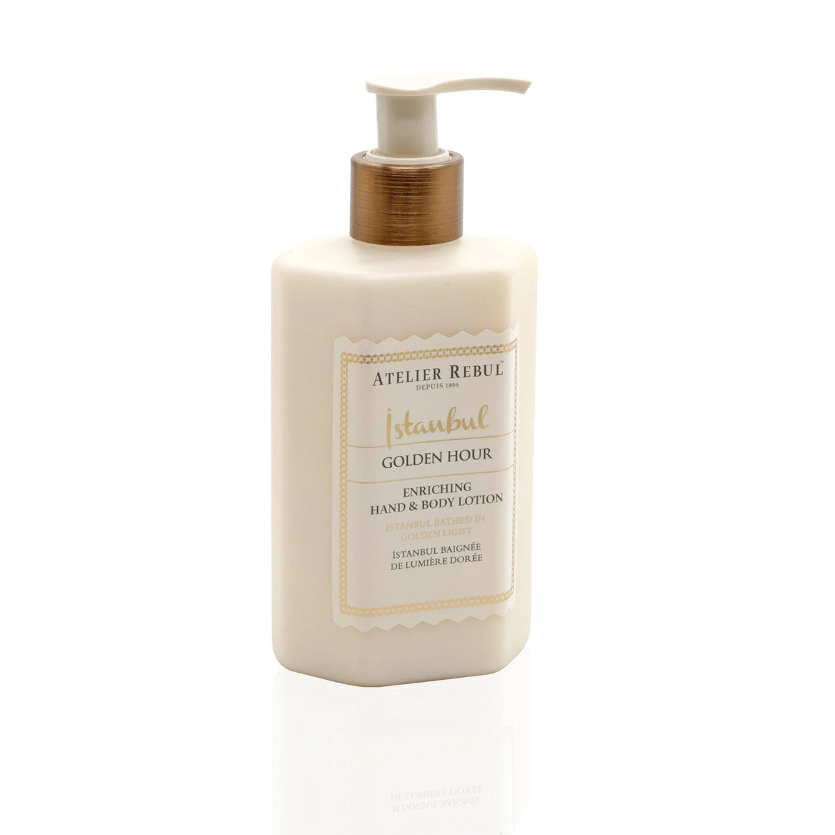 Atelier Rebul Istanbul Golden Hour Hand- und Körperlotion 250 ml in cremefarbener Pumpflasche vor weißem Hintergrund.