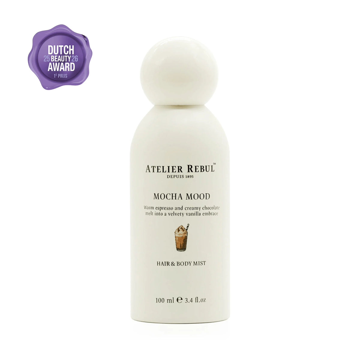 Atelier Rebul Mocha Mood Haar- und Körperspray 100 ml in cremeweißer Flasche neben einem violetten Dutch Beauty Award-Siegel.