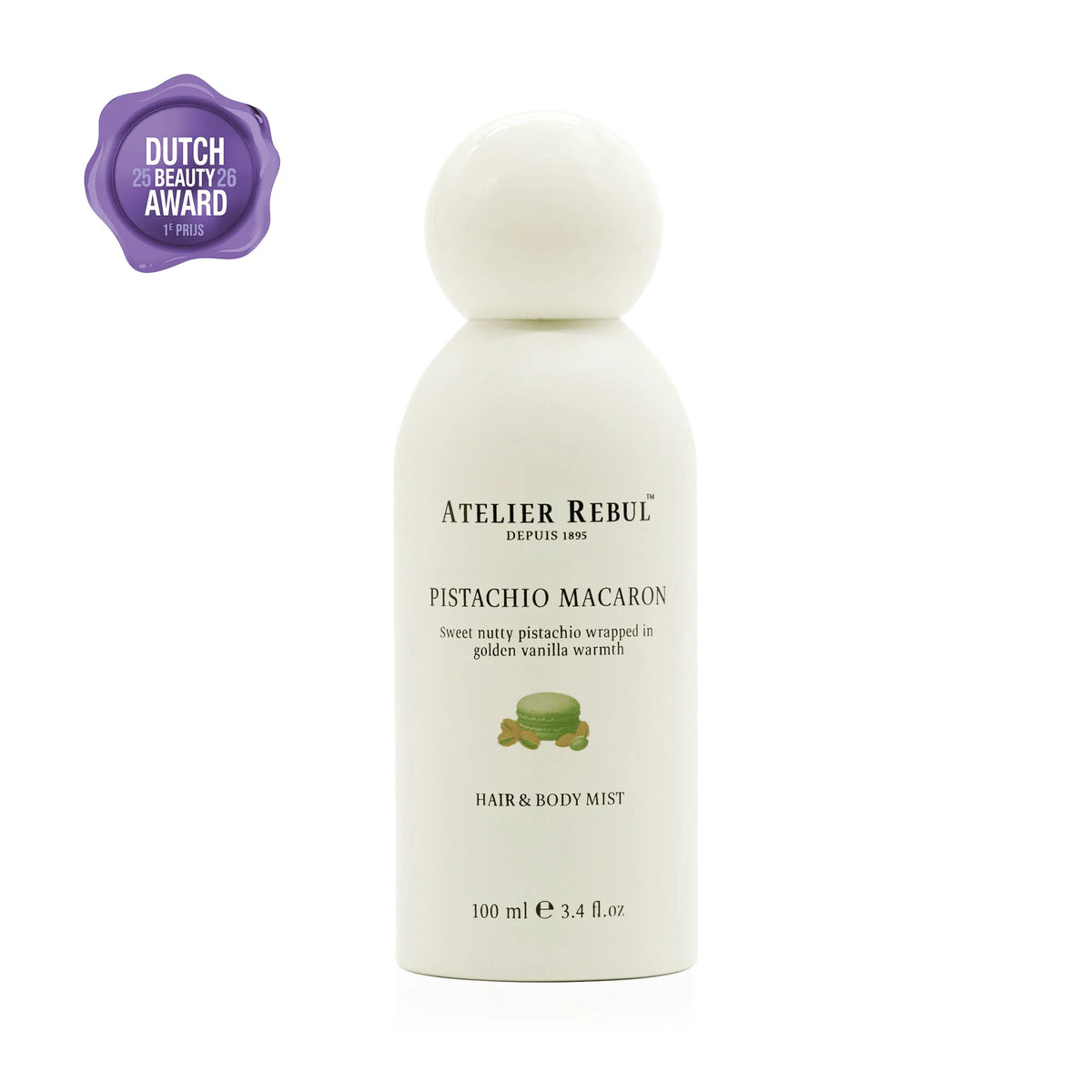 Atelier Rebul Pistachio Macaron Haar- und Körperspray 100 ml in cremeweißer Flasche neben einem violetten Dutch Beauty Award-Siegel.