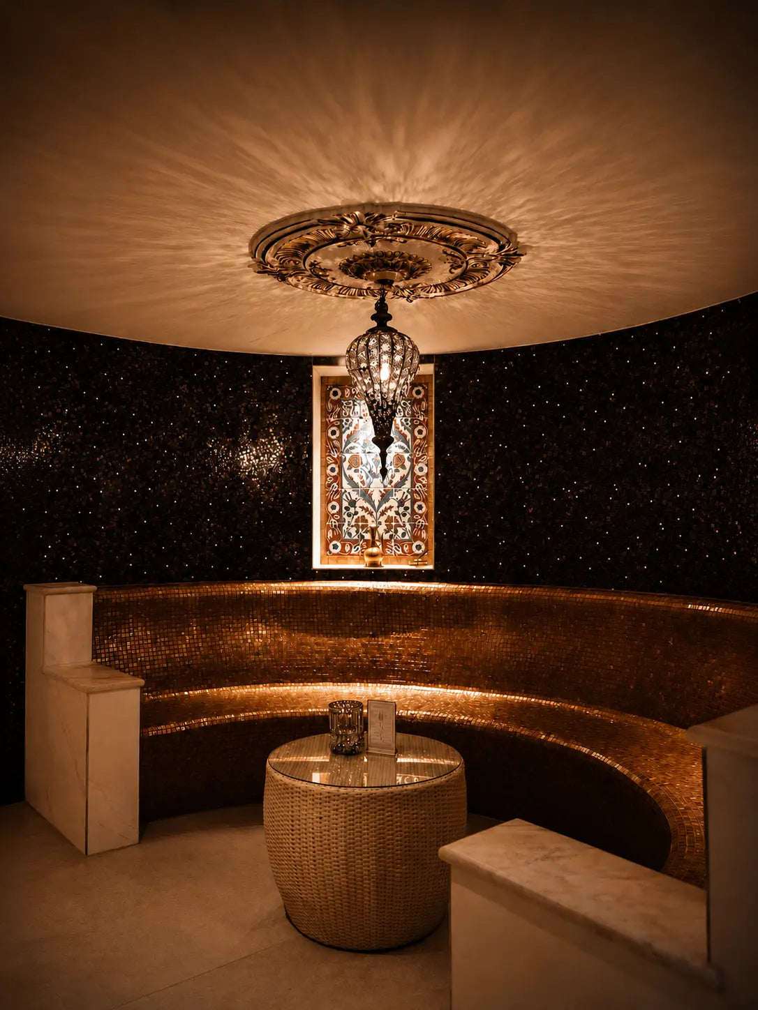 Eine stilvolle Sitzecke im Mathilden Hamam München mit Goldmosaik, orientalischer Lampe und warmer Spa Atmosphäre für besondere Wellness Momente.