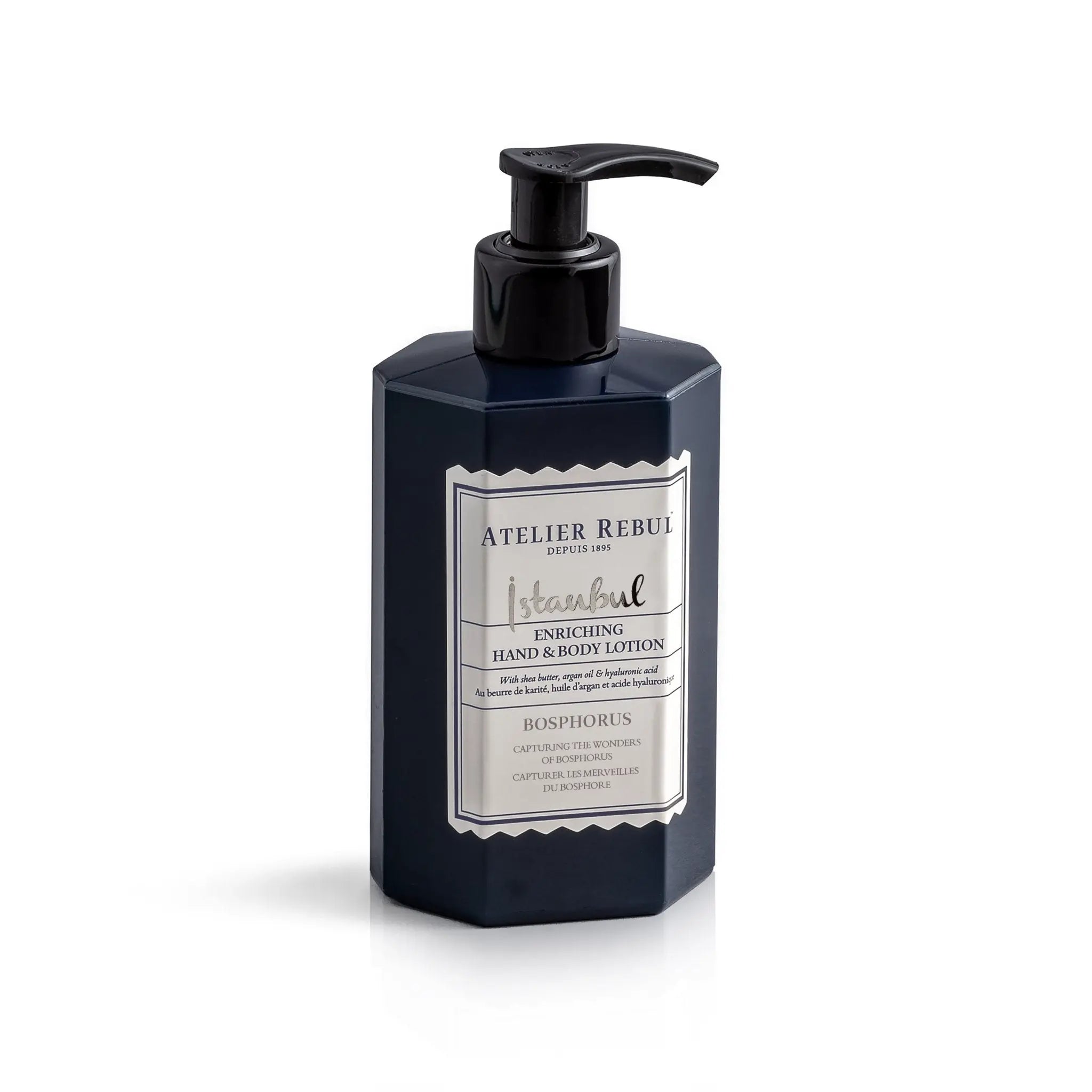 Elegante Istanbul Bosphorus Hand- und Körperlotion von Atelier Rebul – luxuriöse Pflege mit Sheabutter und Hyaluronsäure im stilvollen 400ml Pumpspender.