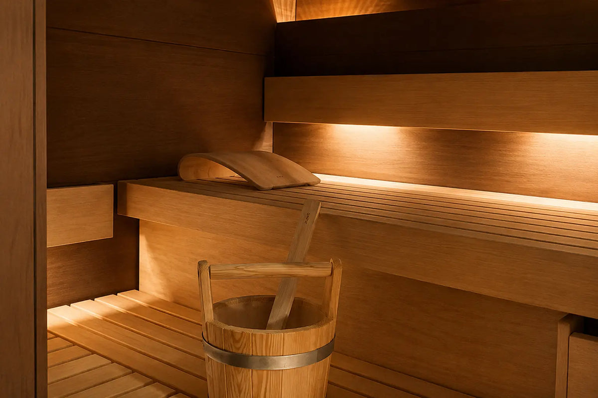 Die Sauna im Mathilden Hamam München lädt mit warmem Holz, ruhigem Licht und klassischer Wellness Atmosphäre zu Erholung nach dem Hamam Ritual ein.