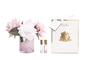 rosa herringbone duftblume in gemustertem glas mit zwei duftsprays und rosa geschenkverpackung vor weissem hintergrund.