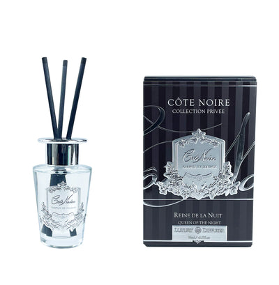 schwarze duftstaebchen im glas mit silbernem deckel und emblem. schwarze verpackung. queen of the night 90ml.