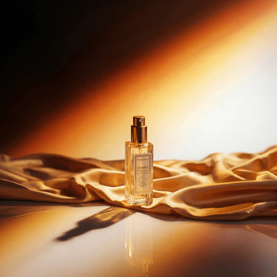 Istanbul Golden Hour Eau de Parfum 12 ml mit offenem Sprühkopf auf goldenem Stoff in warmem Licht.