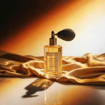 Atelier Rebul Istanbul Golden Hour Eau de Parfum 50 ml mit Ballonzerstäuber auf goldenem Stoff.