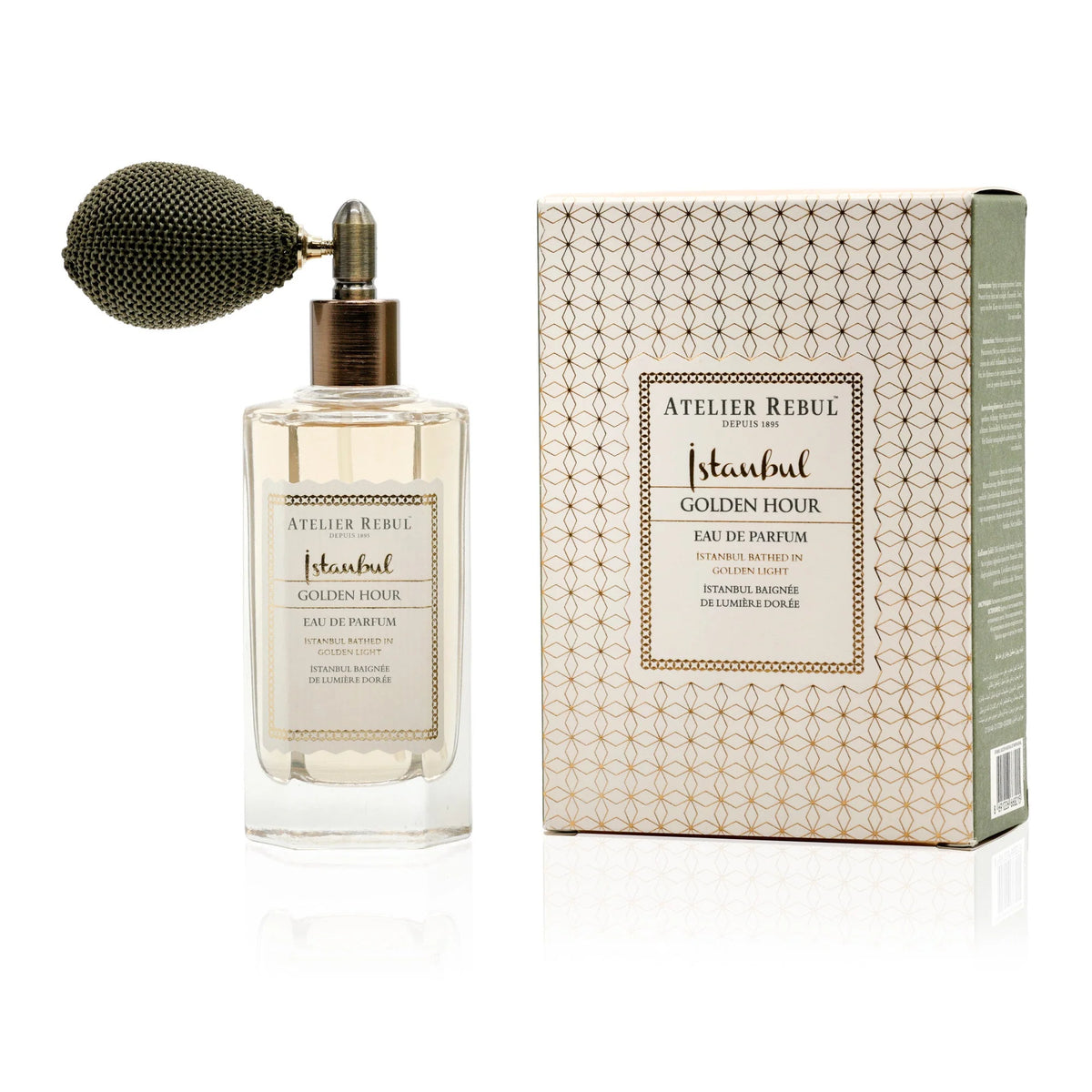 Atelier Rebul Istanbul Golden Hour Eau de Parfum 50 ml – Flakon mit Ballonzerstäuber und Verpackung vor weißem Hintergrund.