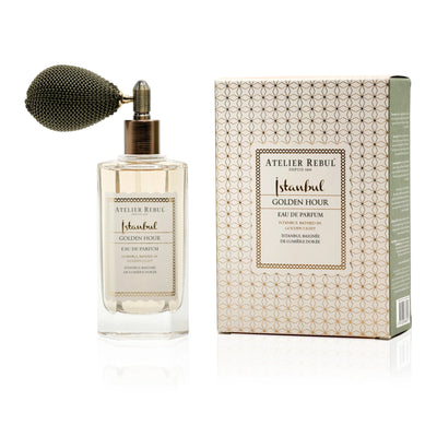 Atelier Rebul Istanbul Golden Hour Eau de Parfum 50 ml – Flakon mit Ballonzerstäuber und Verpackung vor weißem Hintergrund.