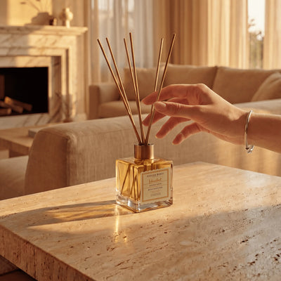 Eine Hand richtet die Duftstäbchen des Atelier Rebul Istanbul Golden Hour Raumdiffusors 120 ml auf einem Steintisch im Wohnzimmer.