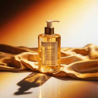 Atelier Rebul Istanbul Golden Hour Flüssigseife 250 ml im Pumpspender auf goldenem Stoff.