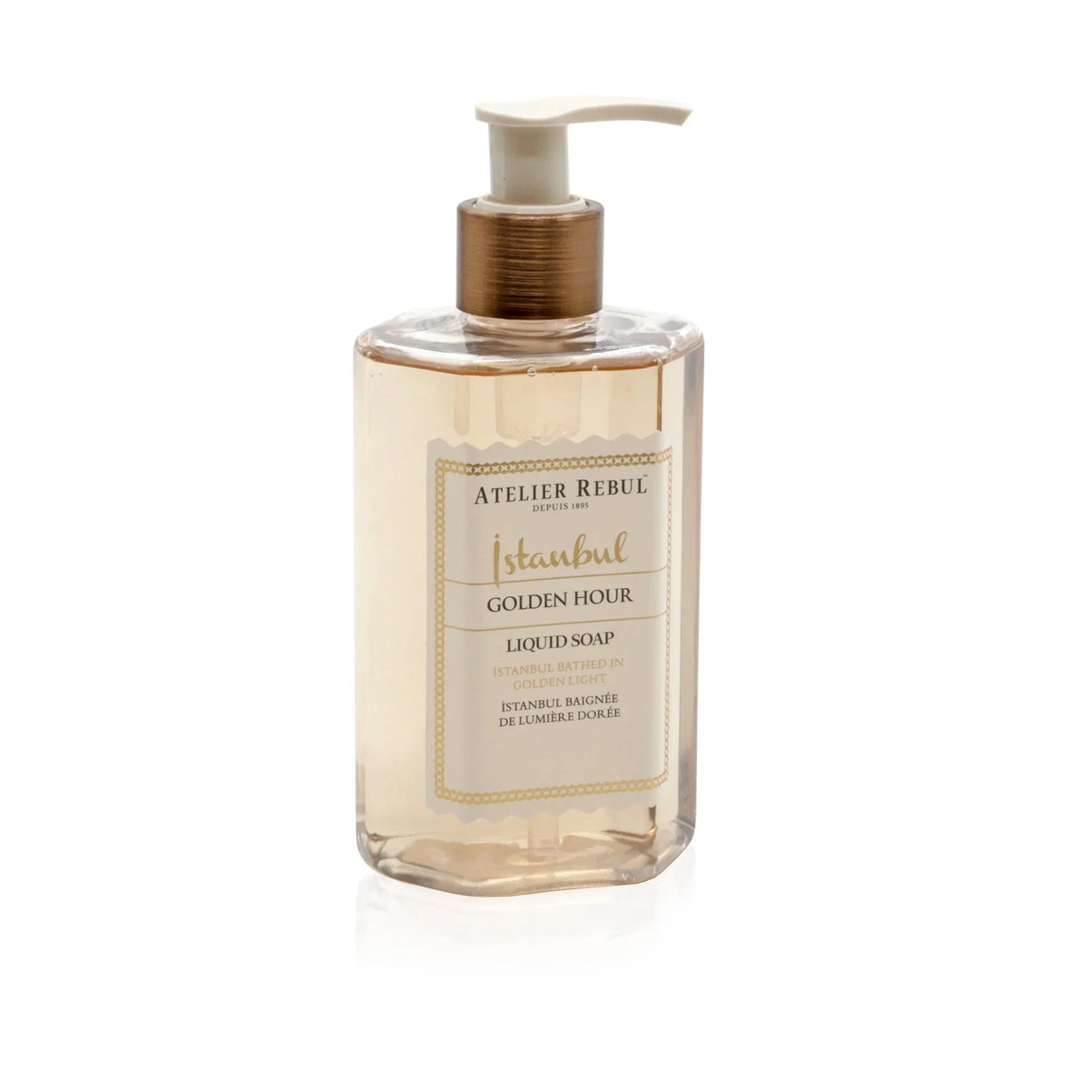 Atelier Rebul Istanbul Golden Hour Flüssigseife 250 ml in transparenter Pumpflasche vor weißem Hintergrund.