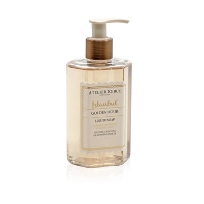 Atelier Rebul Istanbul Golden Hour Flüssigseife 250 ml in transparenter Pumpflasche vor weißem Hintergrund.