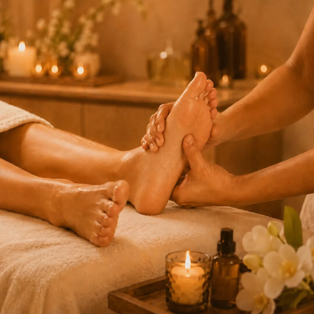 Fußmassage und Beinmassage mit Öl in entspannter Spa-Atmosphäre in München