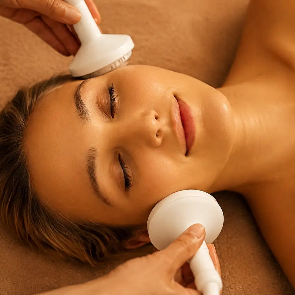 Eine Frau entspannt bei einer wohltuenden Kräuterstempelmassage im Gesicht im Mathilden Hamam München und erlebt ein warmes Spa Ritual für Ruhe und Wohlbefinden.
