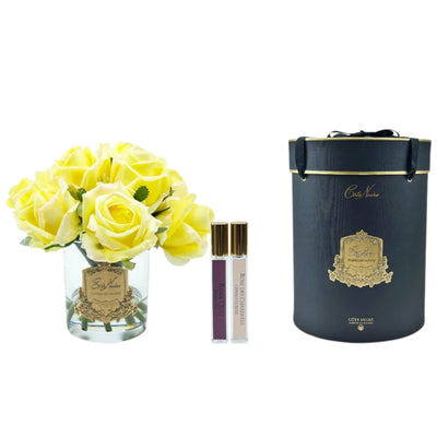 Luxuriöse Duftblume mit gelben Rosen im Glas – ideal als Duftblumen Geschenk oder elegante Duftblumen Dekoration für Wohnzimmer und Eingangsbereich.