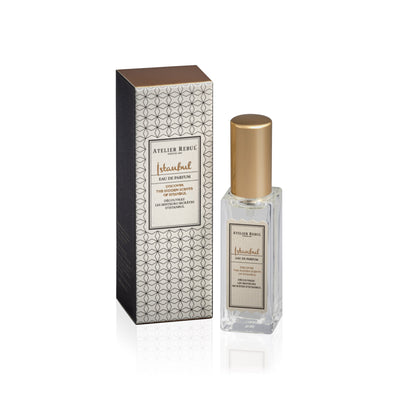 istanbul parfum 12ml glasflasche  neben der grau weiß gemusterten verpackung.