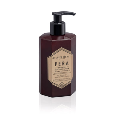 vor weissem hintergrund steht die 8 eckige braune pumpflasche von pera hand- und koerperlotion