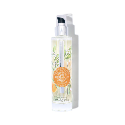 grosse runde pumpflasche durchsichtig mit  blumen verziert duft orangenbluete trockenoel