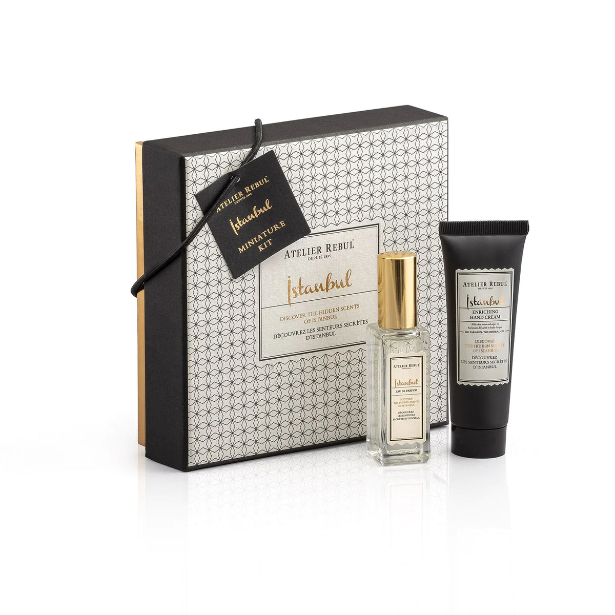 istanbul parfumflaeschchen und handcreme vor quadratischer geschenkbox. weisser hintergrund.